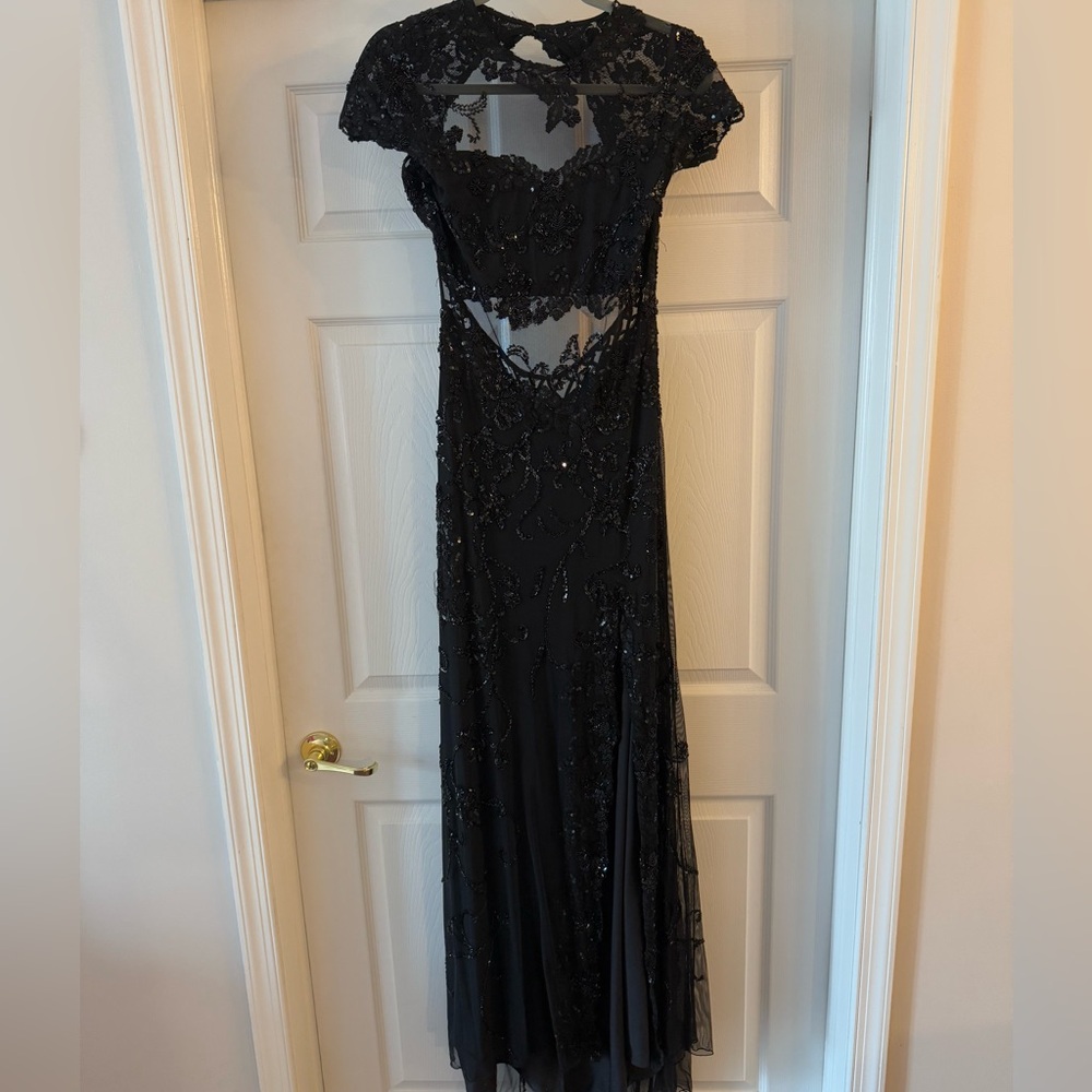 Mac Duggal black embellished sequin open back slit gown